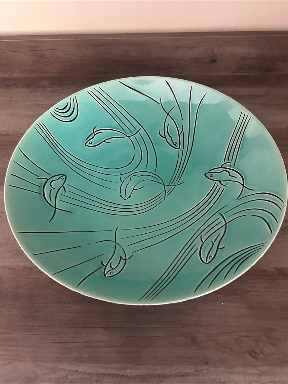 Turquoise Ceramic Wall Plate with Fish Motif